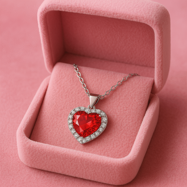 Silver Heart Pendant Necklace with Red Gemstone