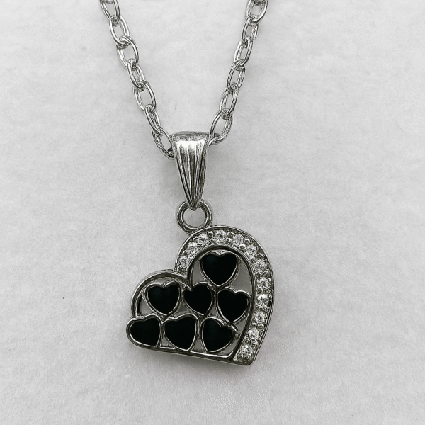 Annisu Silver Heart Pendant Necklace with Black Enamel & Rhinestones