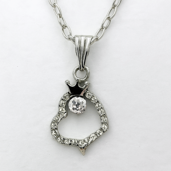 Annisu Silver Heart Pendant Necklace with Black Enamel & Rhinestones