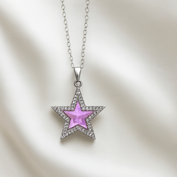 Annisu Sparkling  Pink Star Pendant Necklace – Silver Chain with Dual-Layer Design